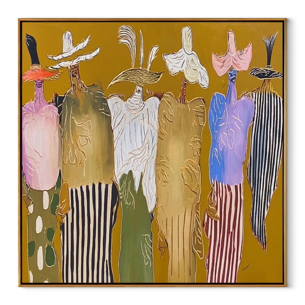Feathered Hats Form Chorus – Colorful Western Figures Painting | Modern Folk Art Square Wall Art