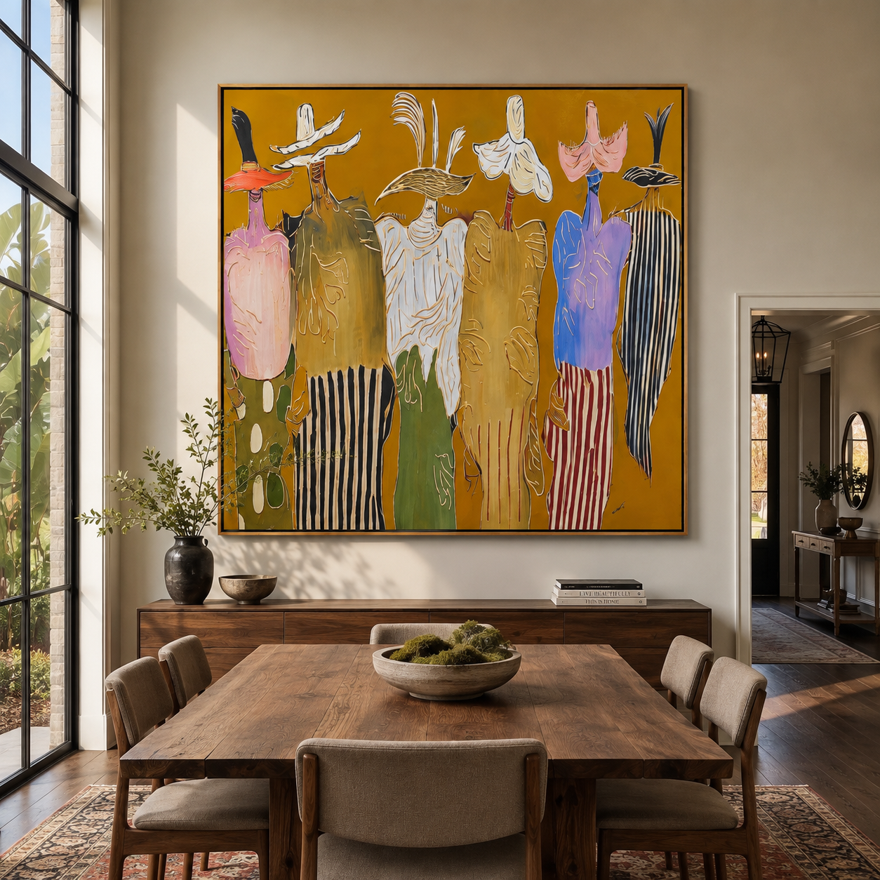 Feathered Hats Form Chorus presented as a colorful interior focal point