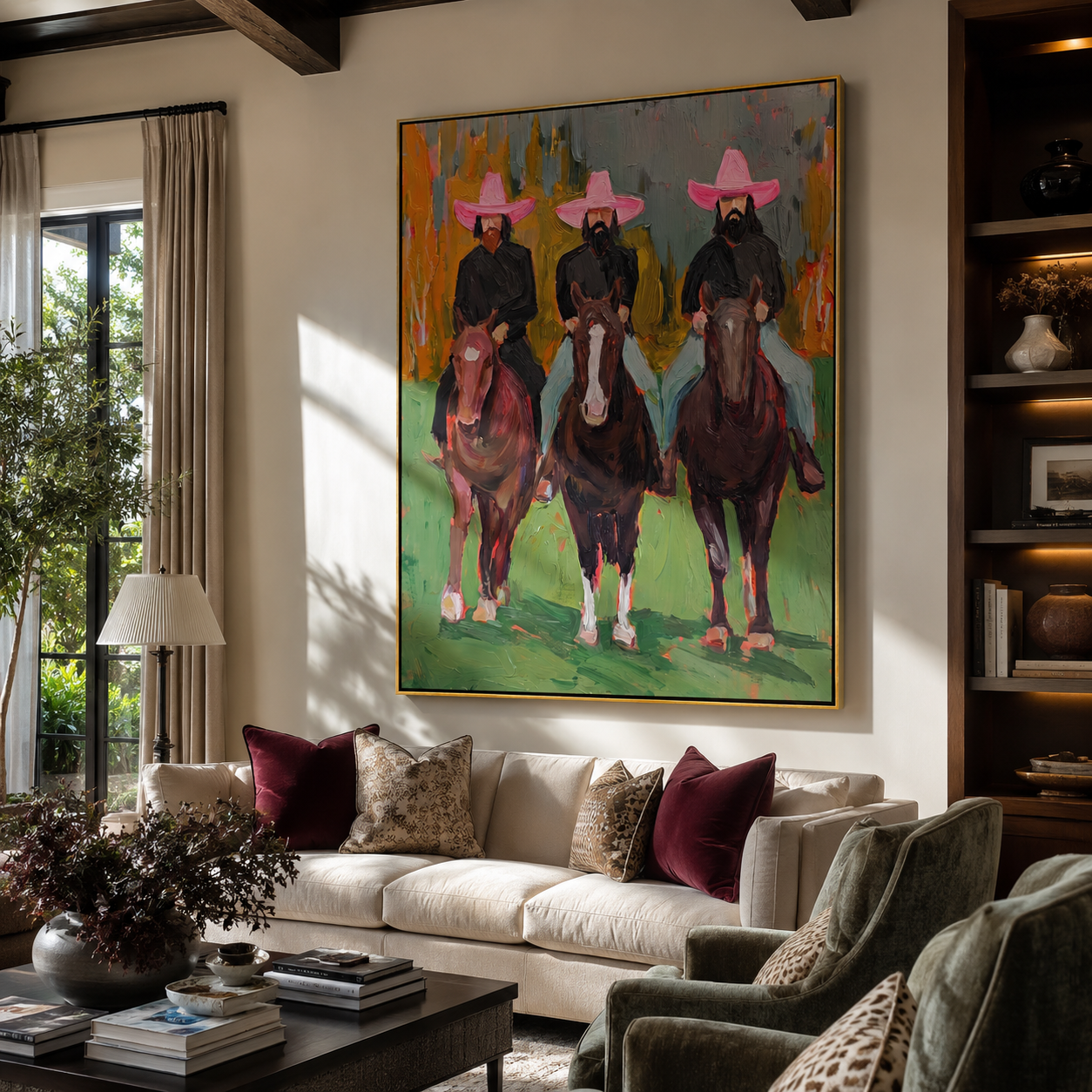 Three Hats Ride Forward displayed in a collected contemporary interior