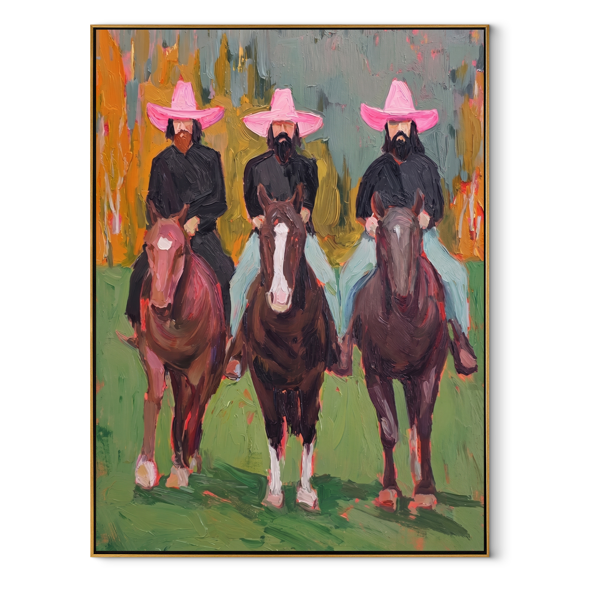 Three Hats Ride Forward Western figurative painting, vertical canvas artwork