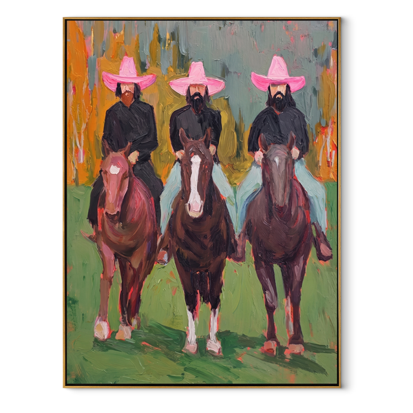 Three Hats Ride Forward – Three Cowboy Horsemen Painting | Modern Folk Art Vertical Wall Art