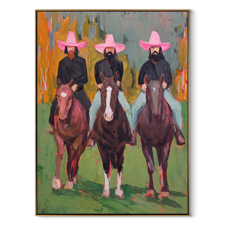Three Hats Ride Forward – Three Cowboy Horsemen Painting | Modern Folk Art Vertical Wall Art