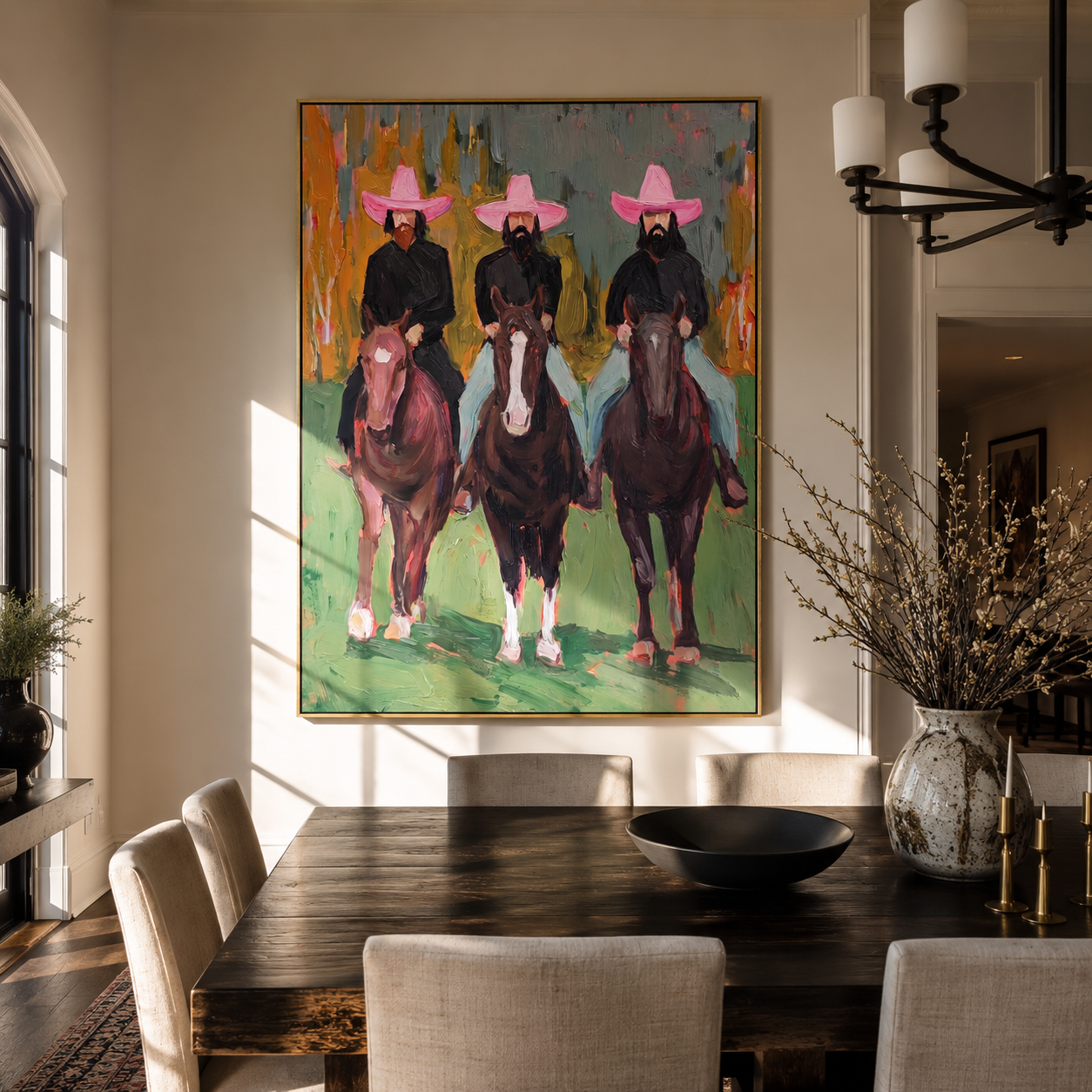 Three Hats Ride Forward styled with warm modern furnishings