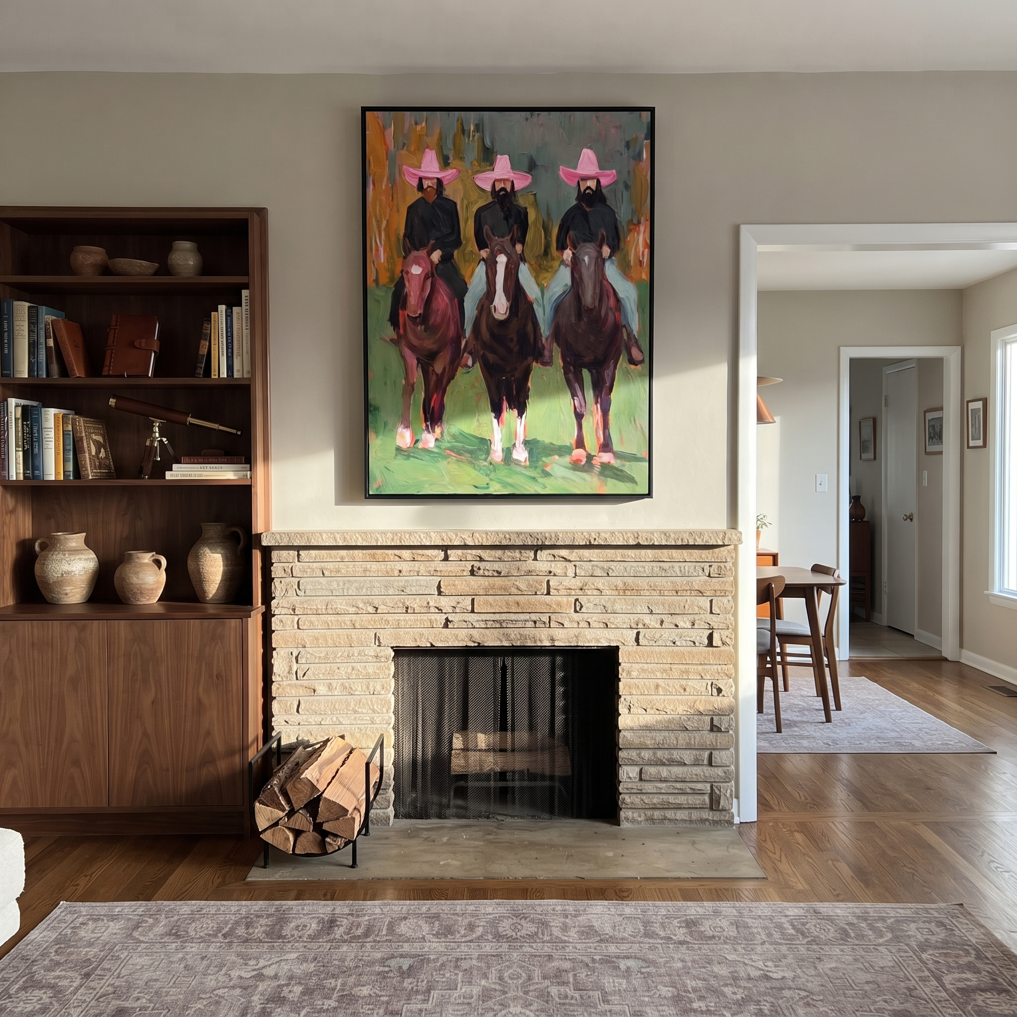 Three Hats Ride Forward styled with wood, linen, and modern decor