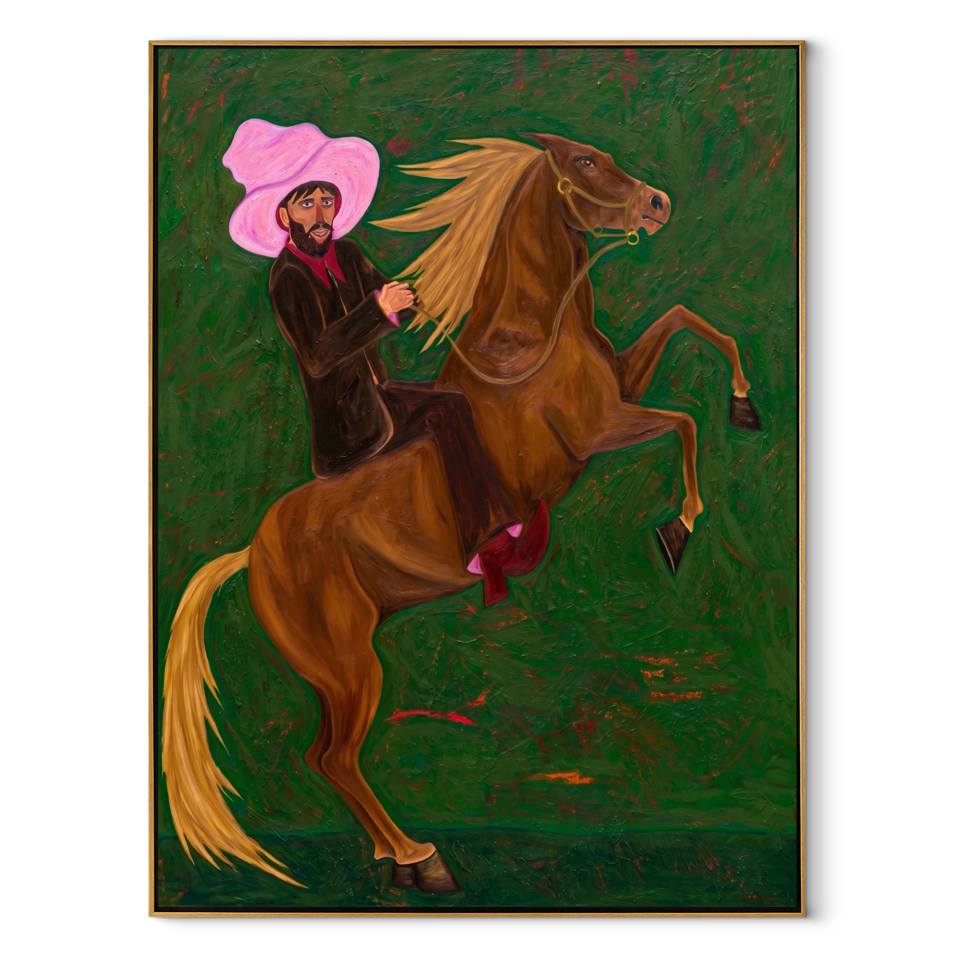 Pink Hat Rides Wild Western figurative painting, vertical canvas artwork