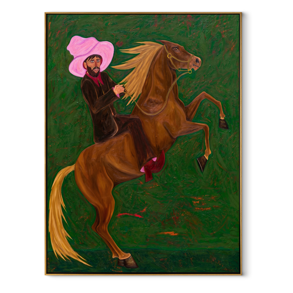 Pink Hat Rides Wild – Rearing Horse and Cowboy Painting | Modern Folk Art Vertical Wall Art