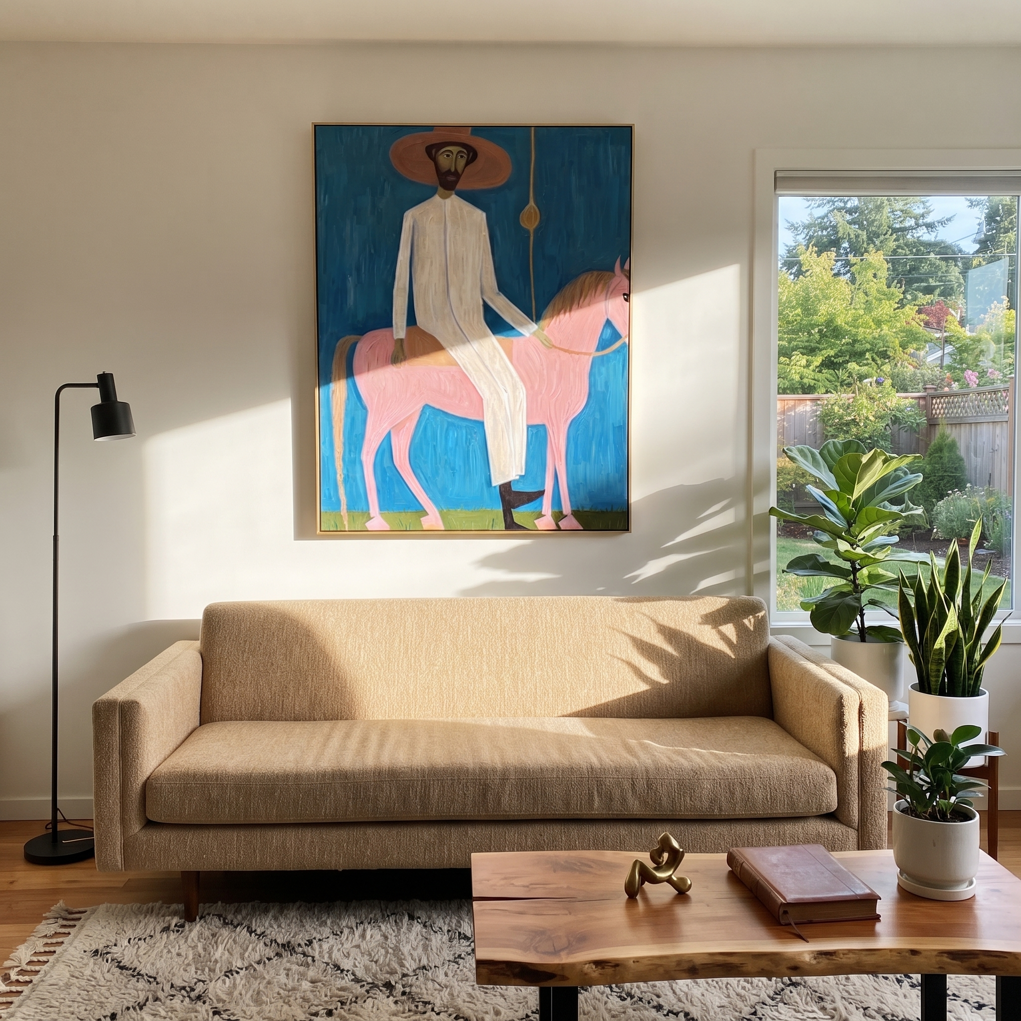 Pink Horse Under Blue displayed in a layered residential setting