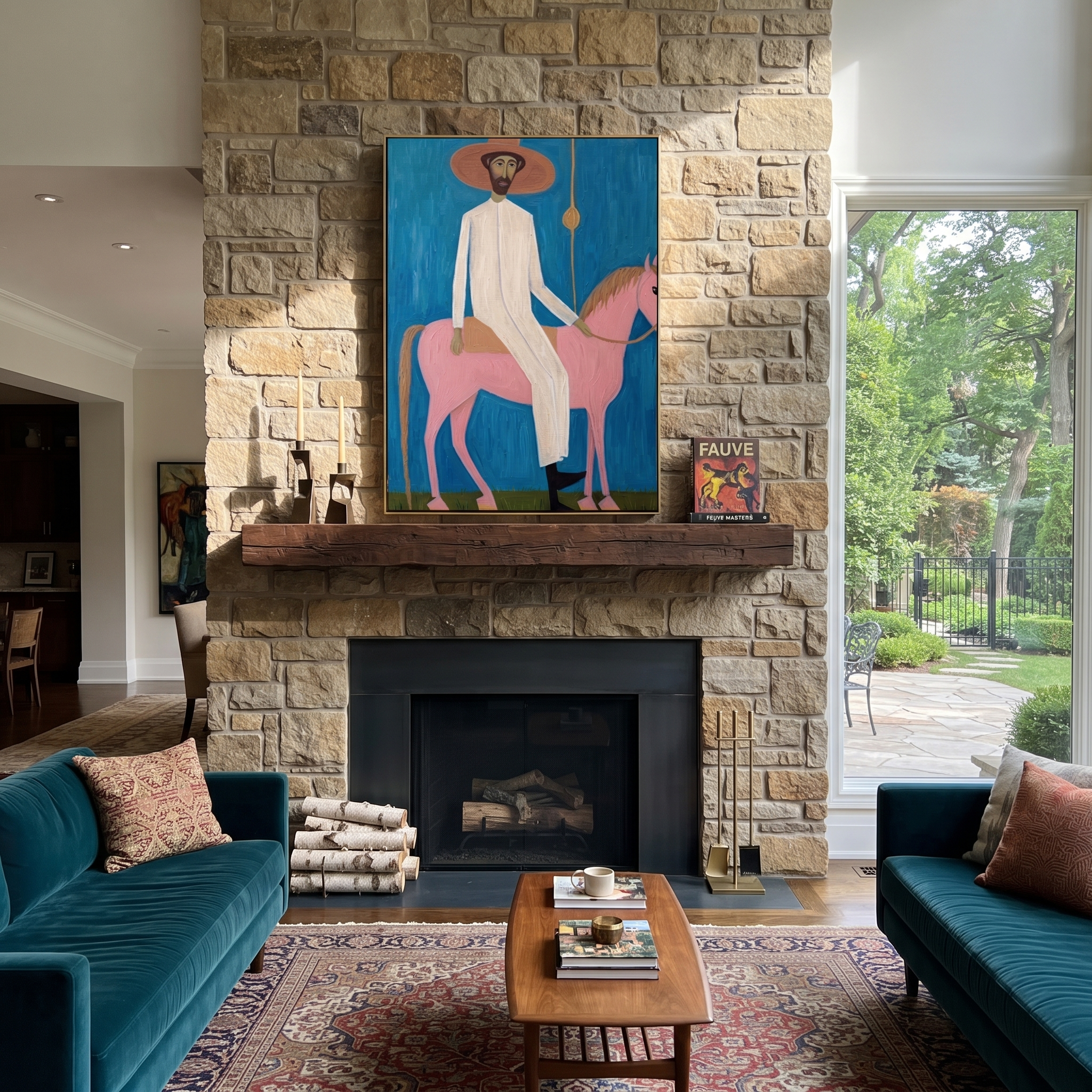 Pink Horse Under Blue styled with wood, linen, and modern decor