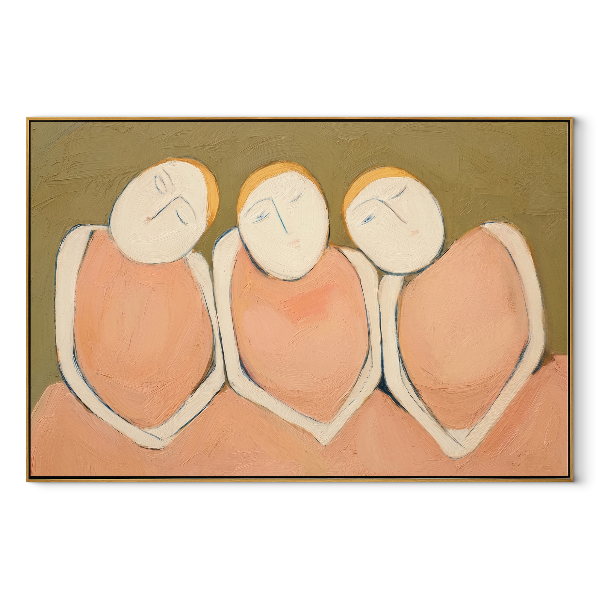 Three Faces Lean Together Western figurative painting, horizontal canvas artwork