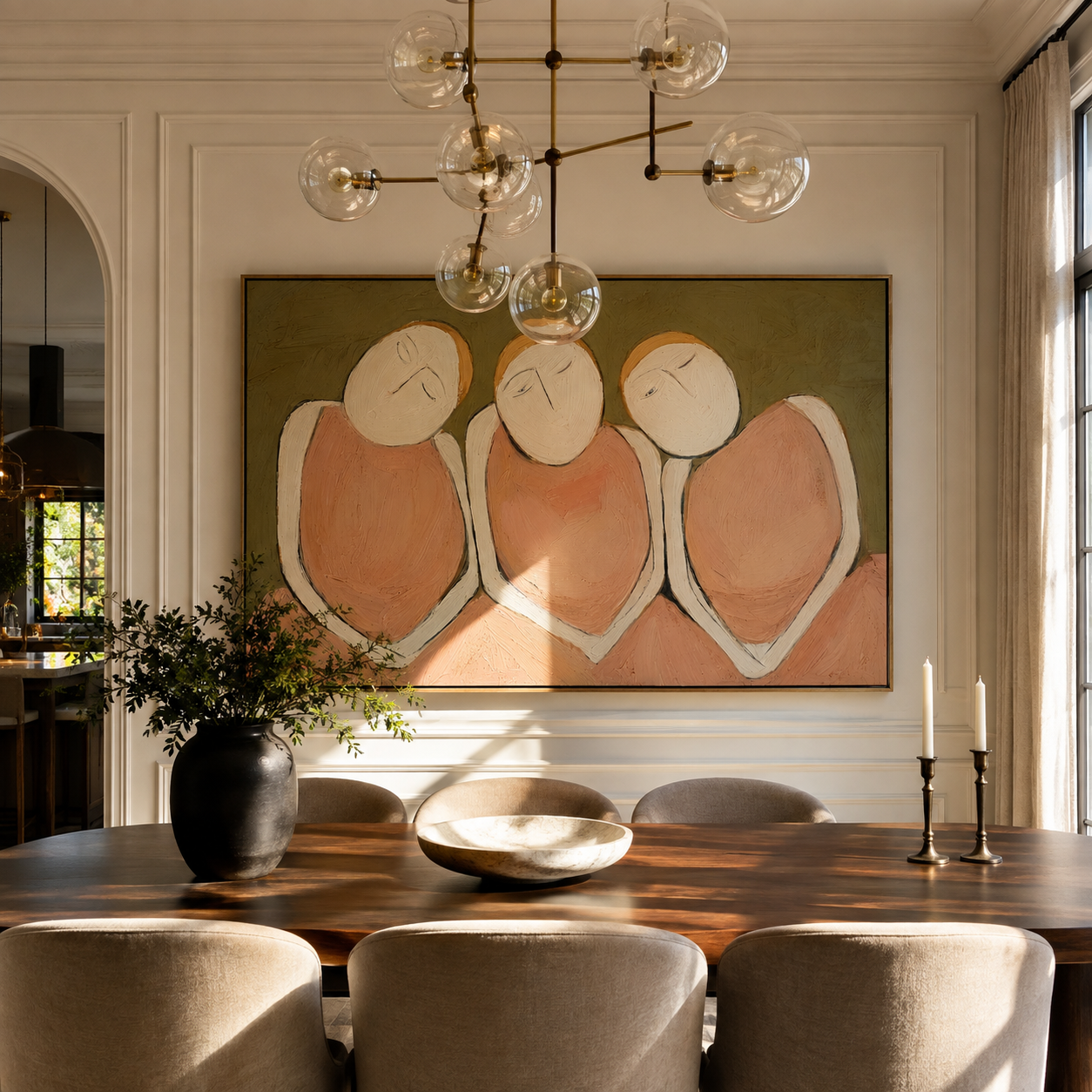 Three Faces Lean Together styled with warm modern furnishings