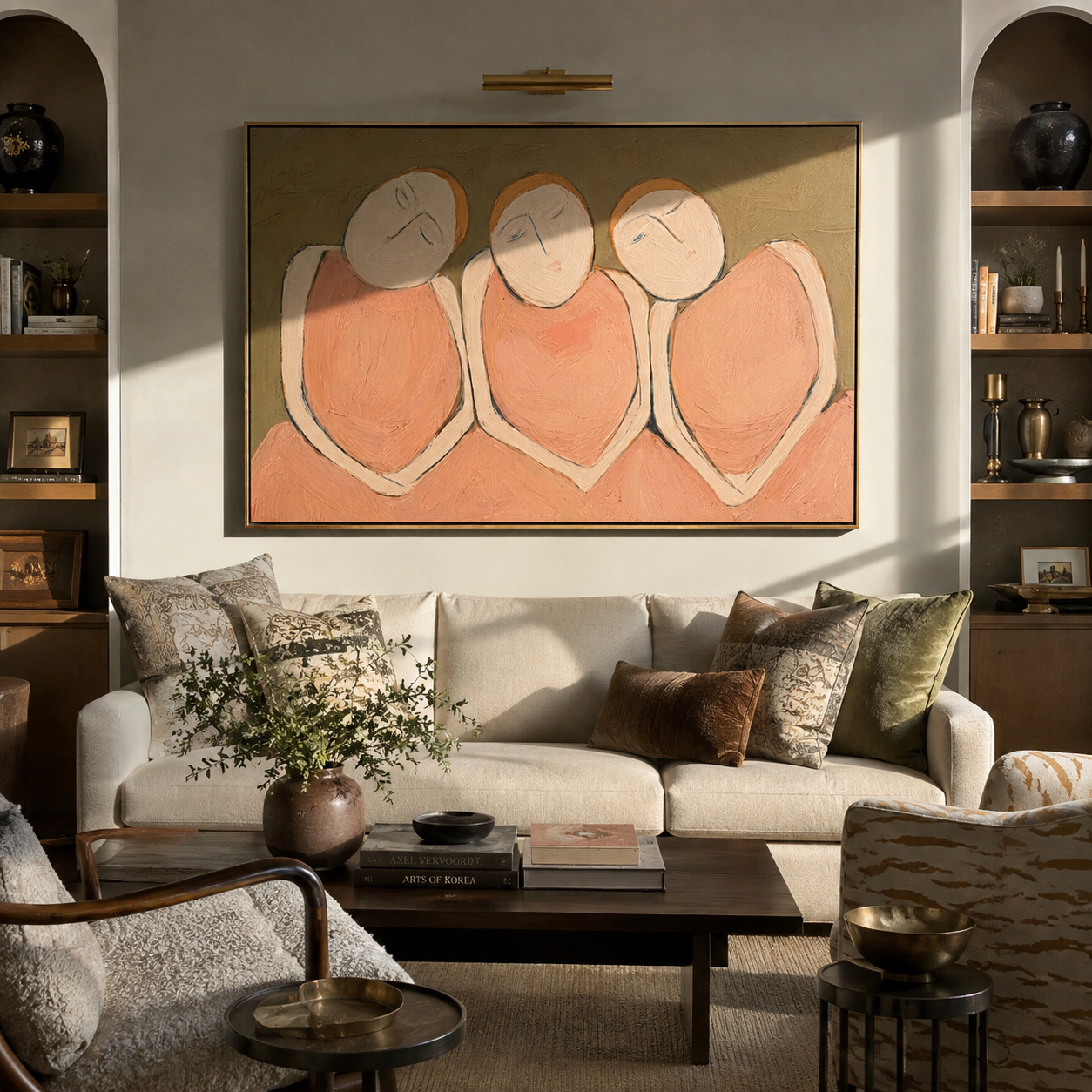 Three Faces Lean Together styled with wood, linen, and modern decor