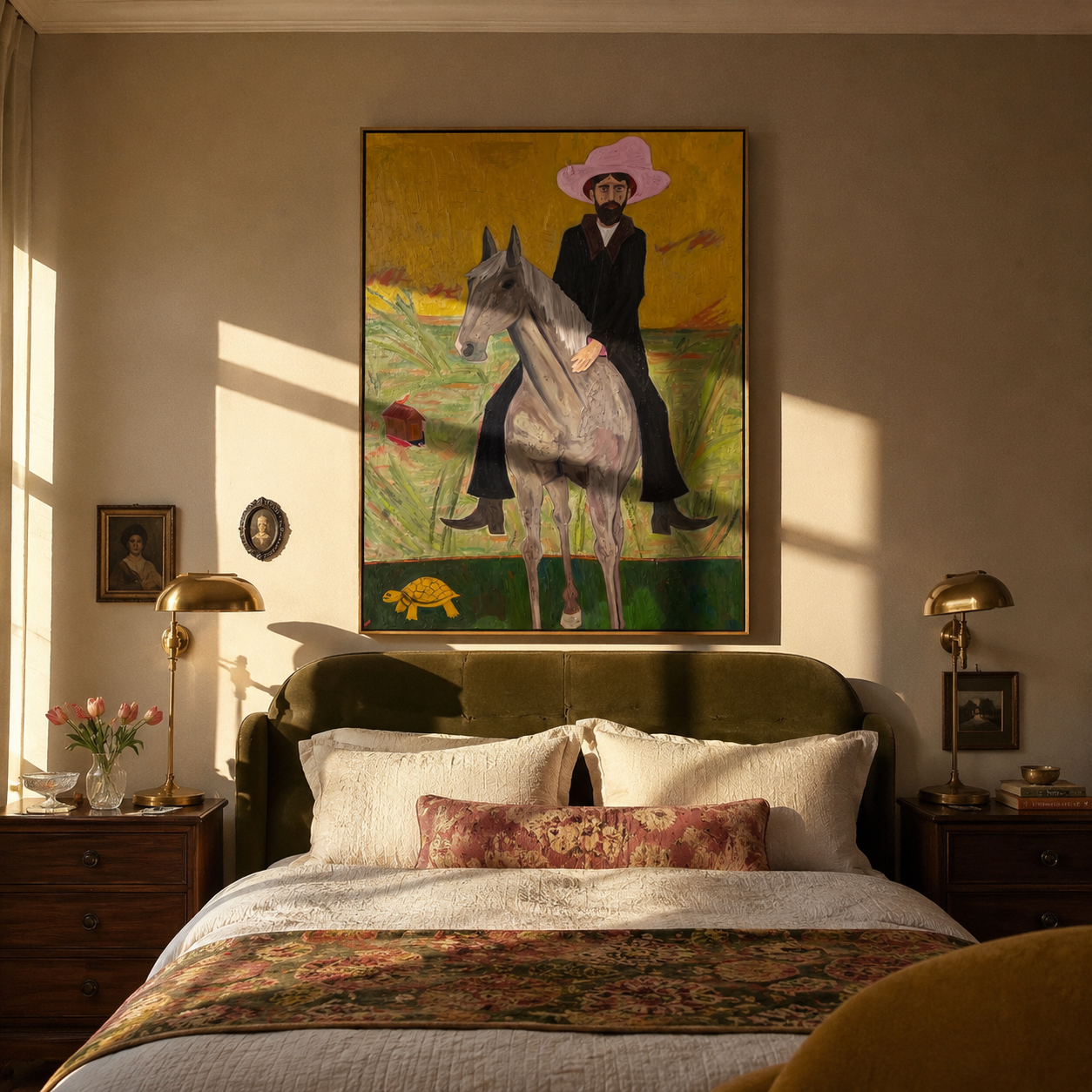Pink Hat Rides Gold displayed in a collected contemporary interior