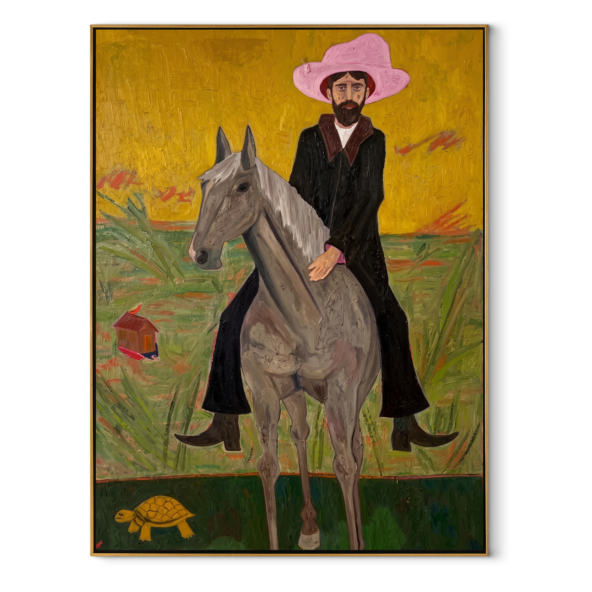 Pink Hat Rides Gold Western figurative painting, vertical canvas artwork
