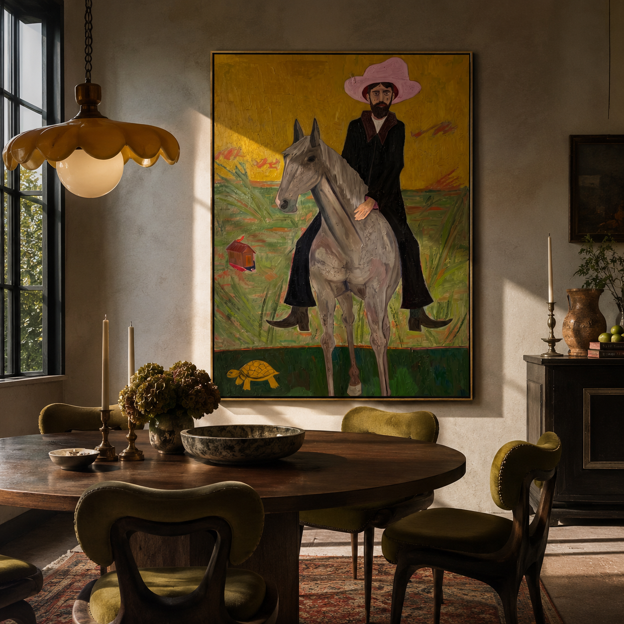 Pink Hat Rides Gold styled with warm modern furnishings