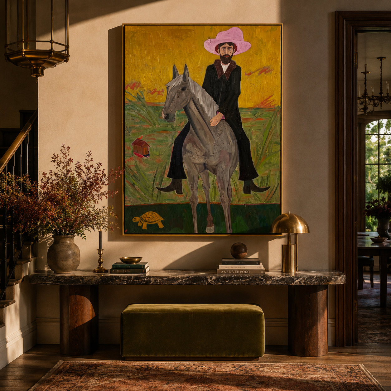Pink Hat Rides Gold presented as a colorful interior focal point