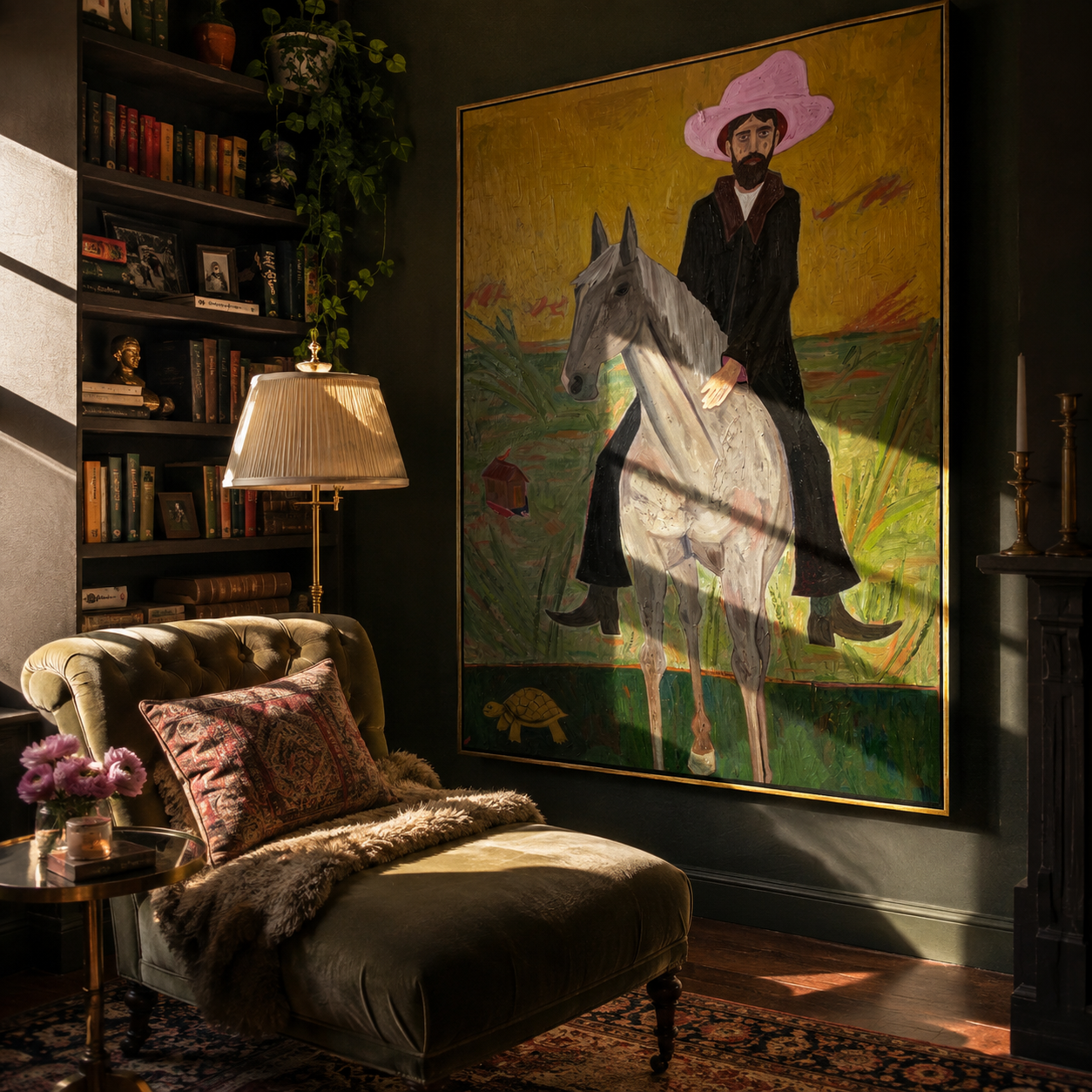 Pink Hat Rides Gold displayed in a layered residential setting