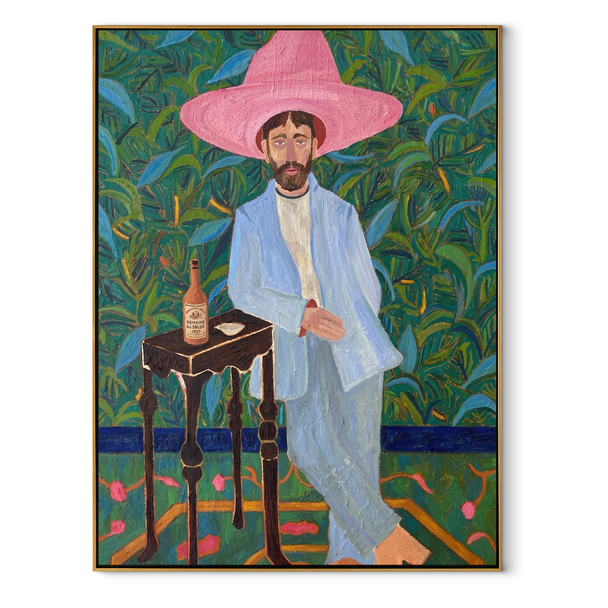 Pink Brim in Garden Western figurative painting, vertical canvas artwork