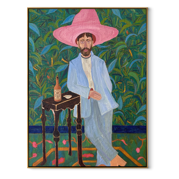 Pink Brim in Garden – Blue Suit Cowboy Portrait Painting | Modern Folk Art Vertical Wall Art