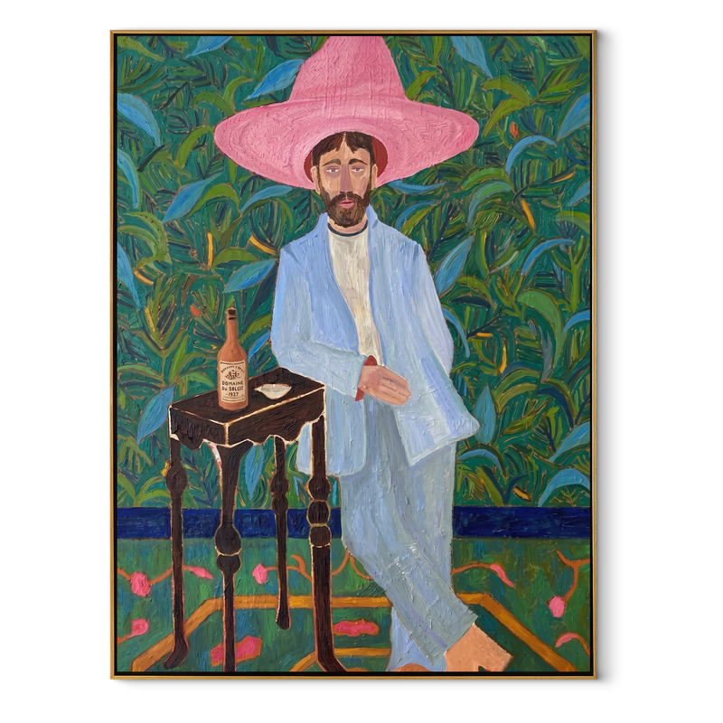 Pink Brim in Garden – Blue Suit Cowboy Portrait Painting | Modern Folk Art Vertical Wall Art