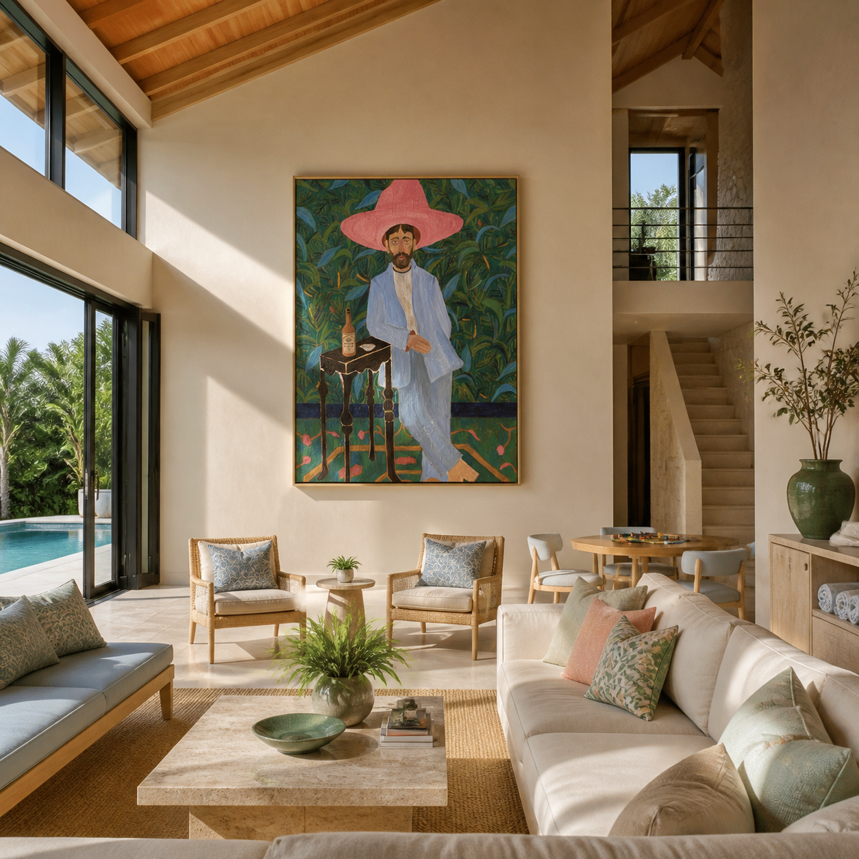 Pink Brim in Garden styled with wood, linen, and modern decor