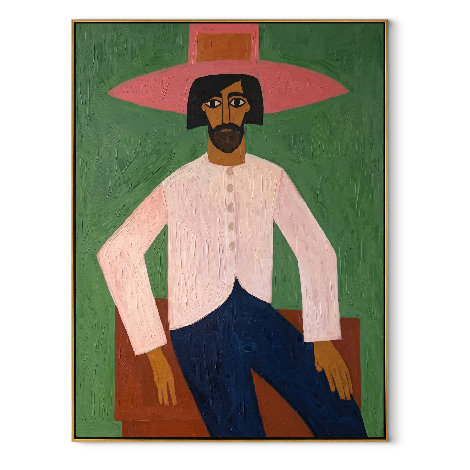 Rose Brim Holds Room Western figurative painting, vertical canvas artwork