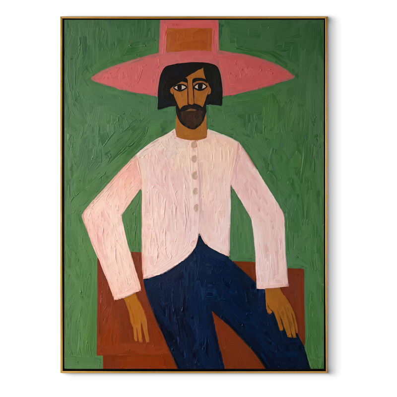 Rose Brim Holds Room – Seated Pink Cowboy Painting | Modern Folk Art Vertical Wall Art