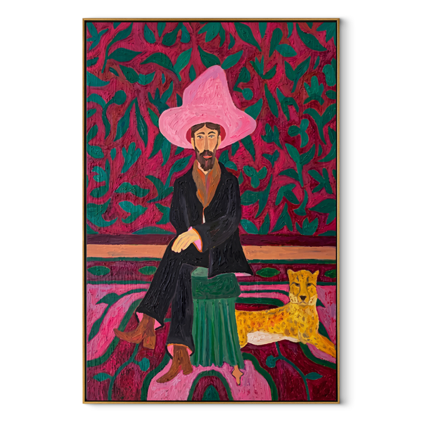 Pink Garden Keeps Cheetah – Cowboy and Cheetah Portrait Painting | Modern Folk Art Vertical Wall Art