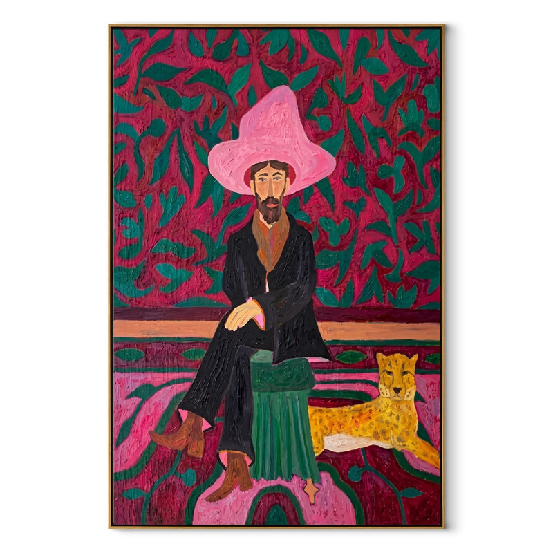 Pink Garden Keeps Cheetah – Cowboy and Cheetah Portrait Painting | Modern Folk Art Vertical Wall Art