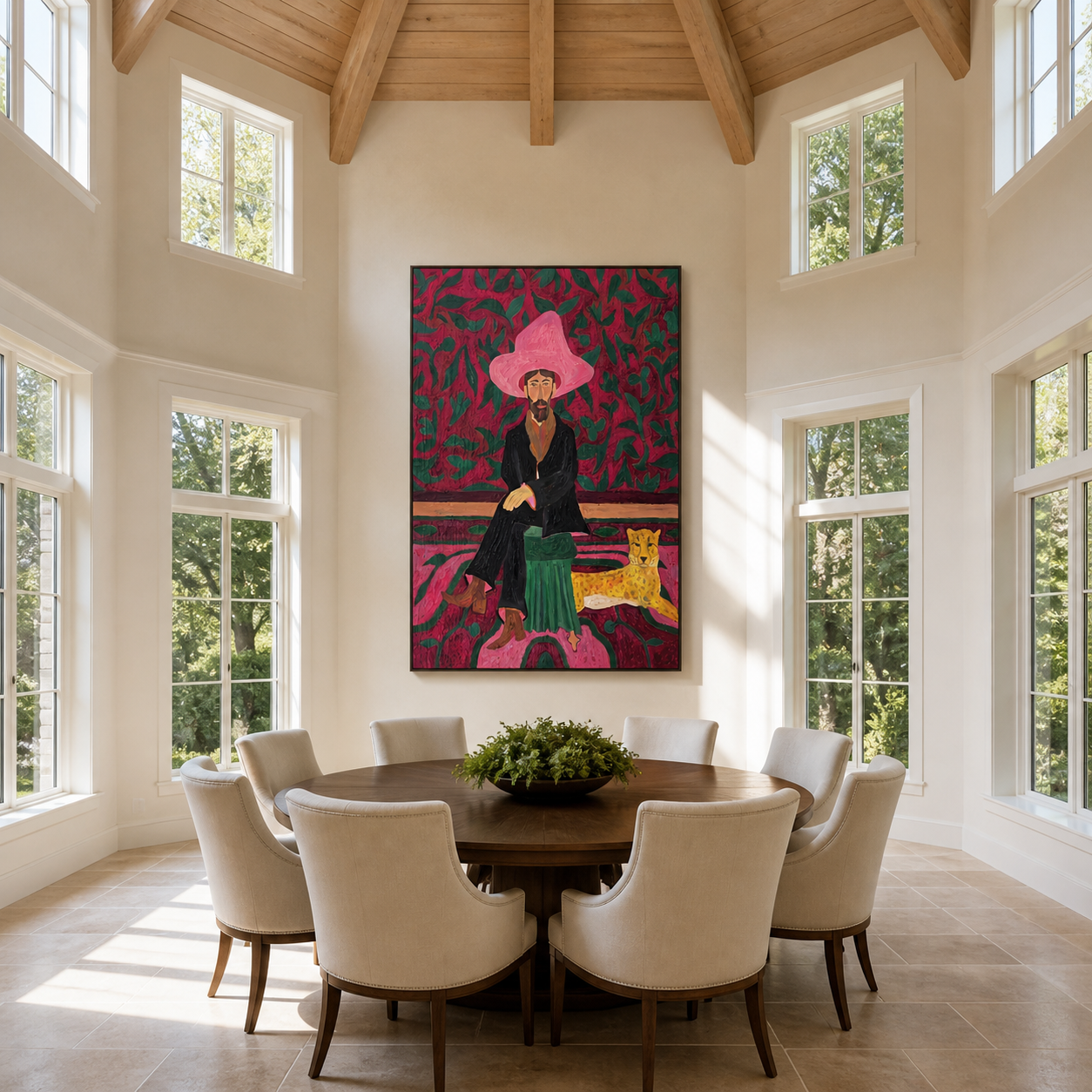 Pink Garden Keeps Cheetah presented as a colorful interior focal point