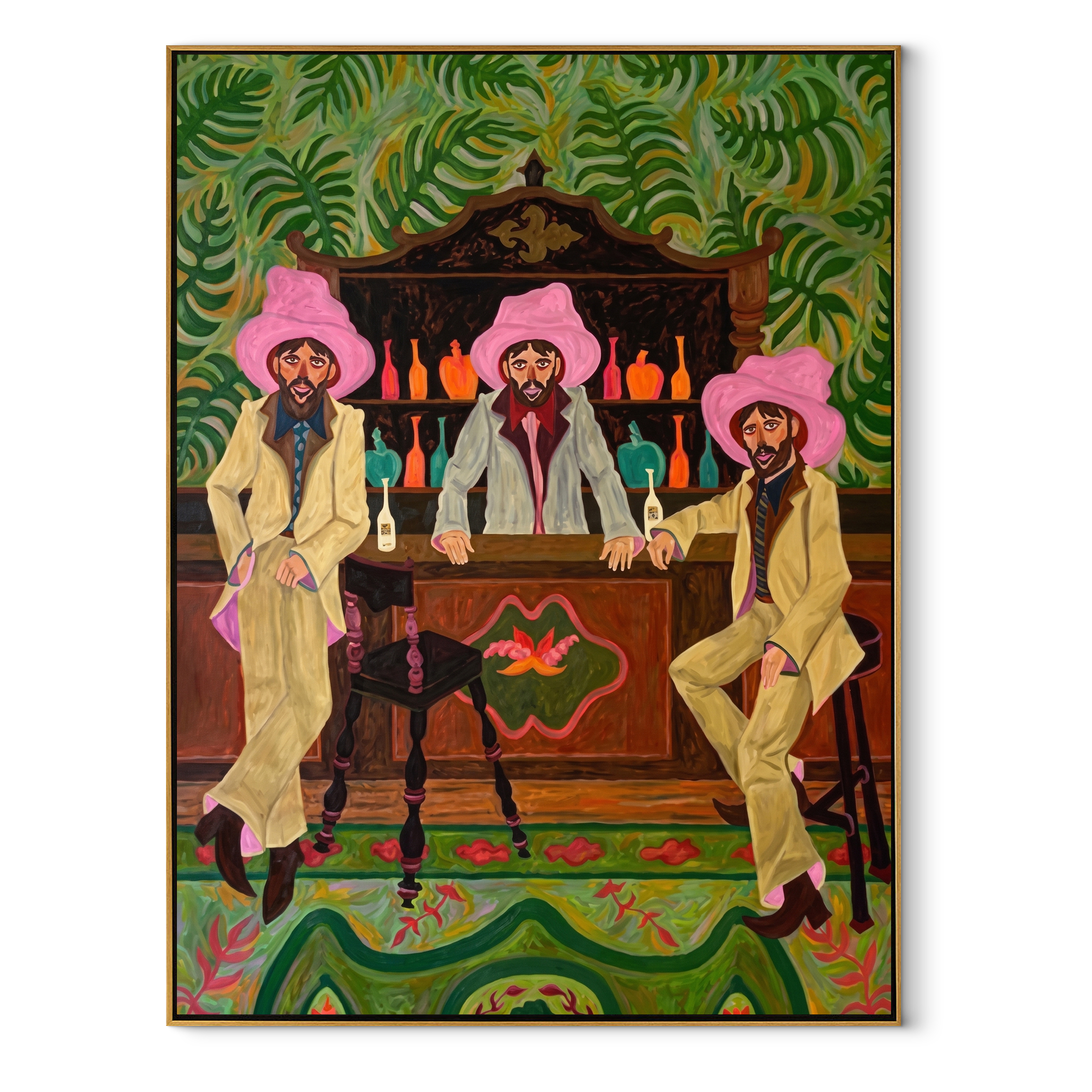 Pink Hats Guard Bottles Western figurative painting, vertical canvas artwork