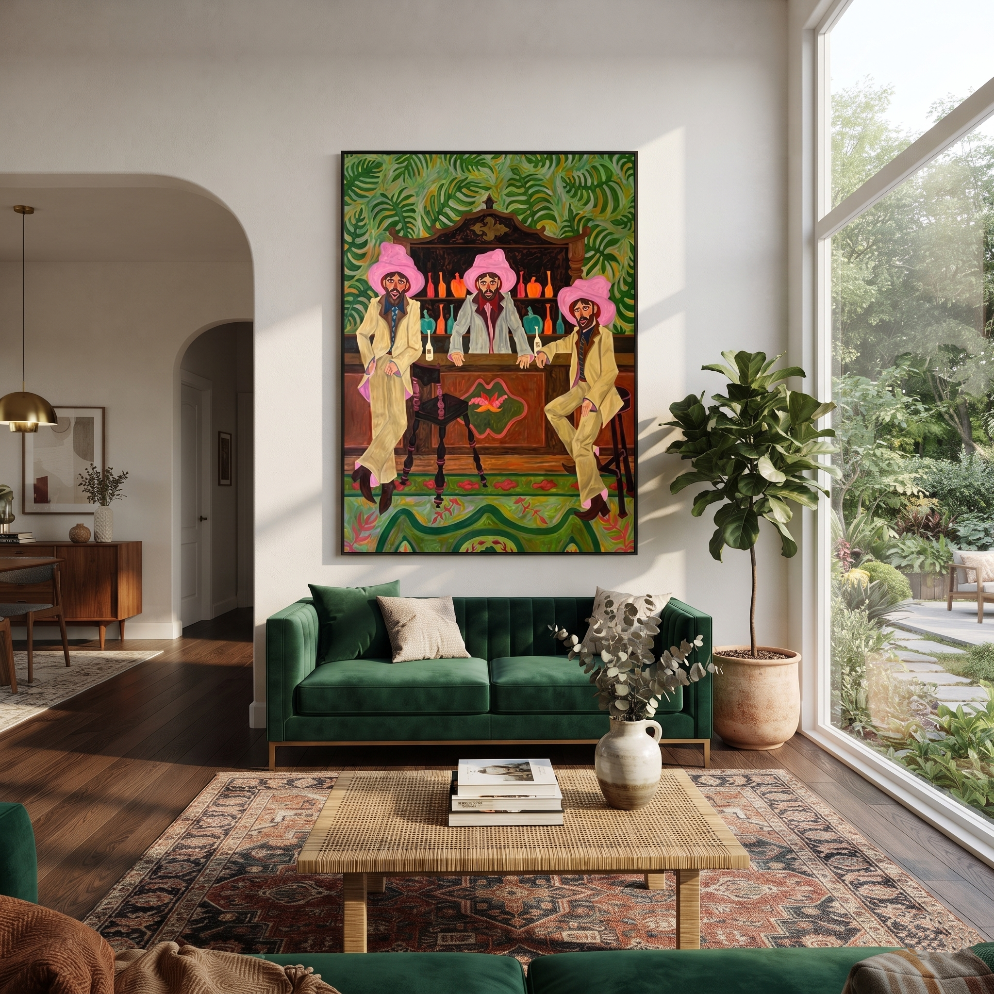 Pink Hats Guard Bottles presented as a colorful interior focal point