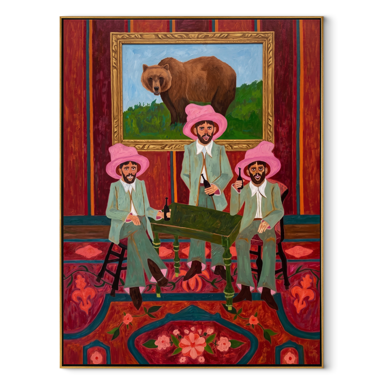 Bear Watches Pink Company – Three Cowboys and Bear Painting | Modern Folk Art Vertical Wall Art