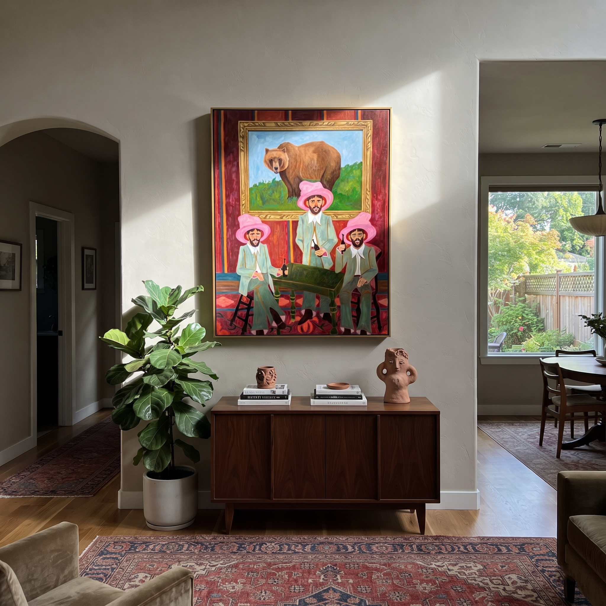 Bear Watches Pink Company presented as a colorful interior focal point