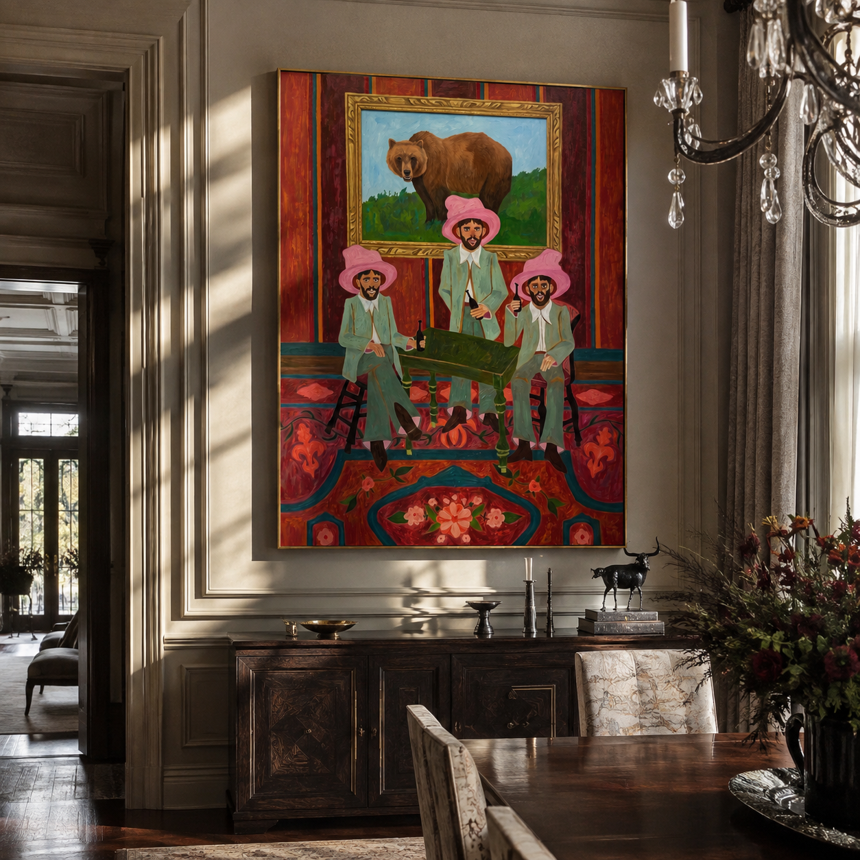 Bear Watches Pink Company styled with wood, linen, and modern decor