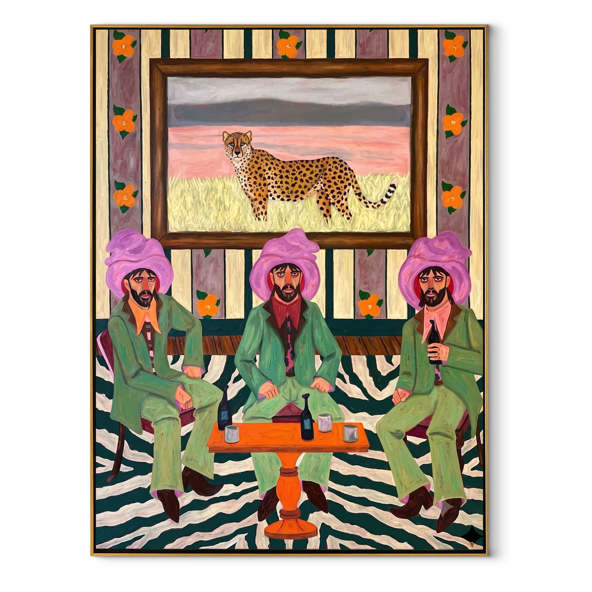 Cheetah Watches Green Company Western figurative painting, vertical canvas artwork