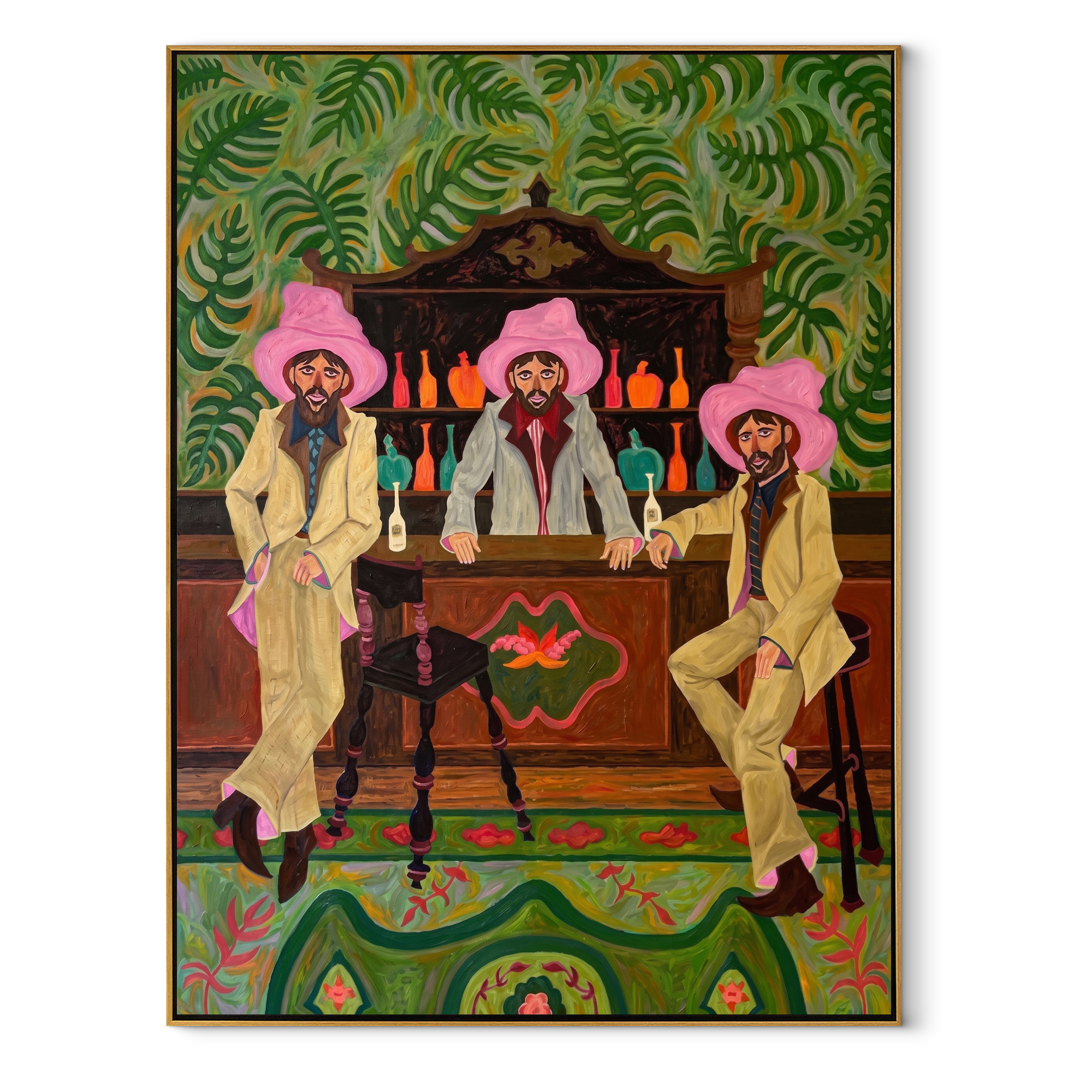 Pink Hats Keep Bar Western figurative painting, vertical canvas artwork