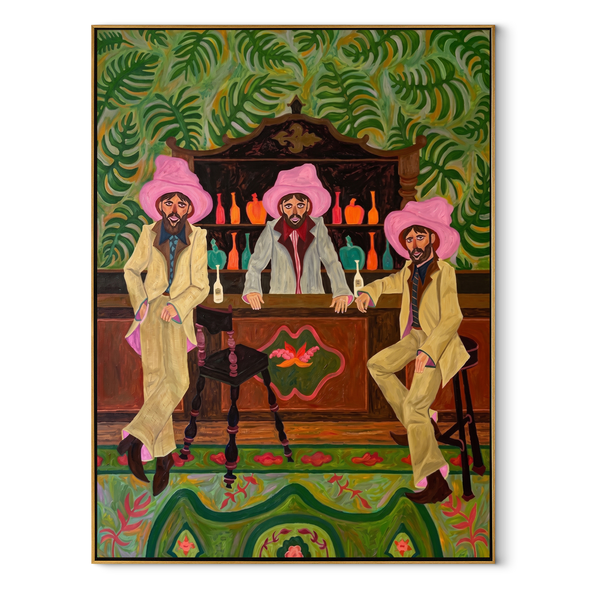 Pink Hats Keep Bar – Three Cowboys Barroom Painting | Modern Folk Art Vertical Wall Art