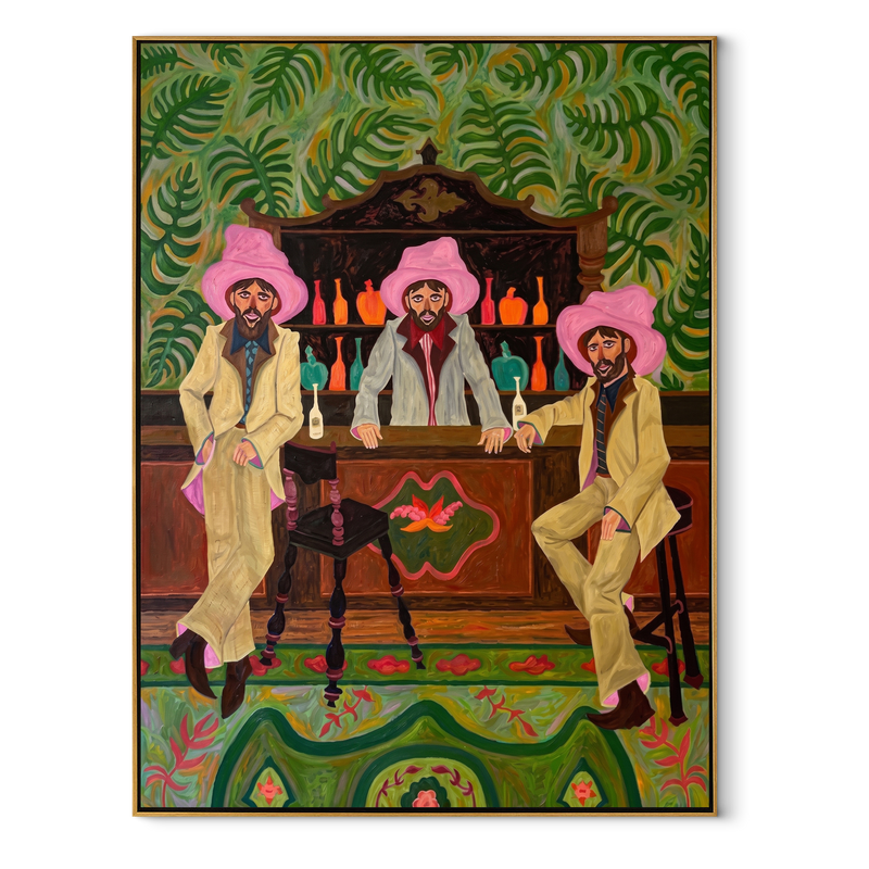Pink Hats Keep Bar – Three Cowboys Barroom Painting | Modern Folk Art Vertical Wall Art
