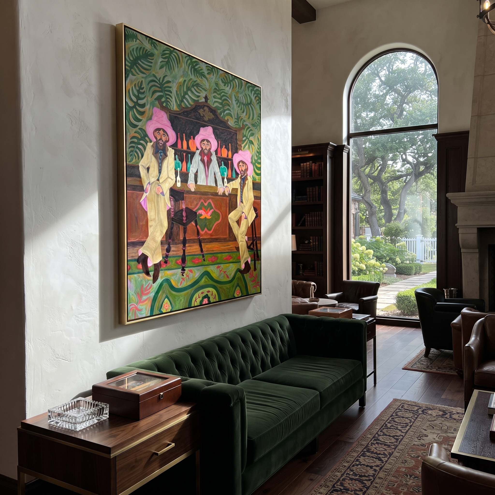Pink Hats Keep Bar styled with warm modern furnishings
