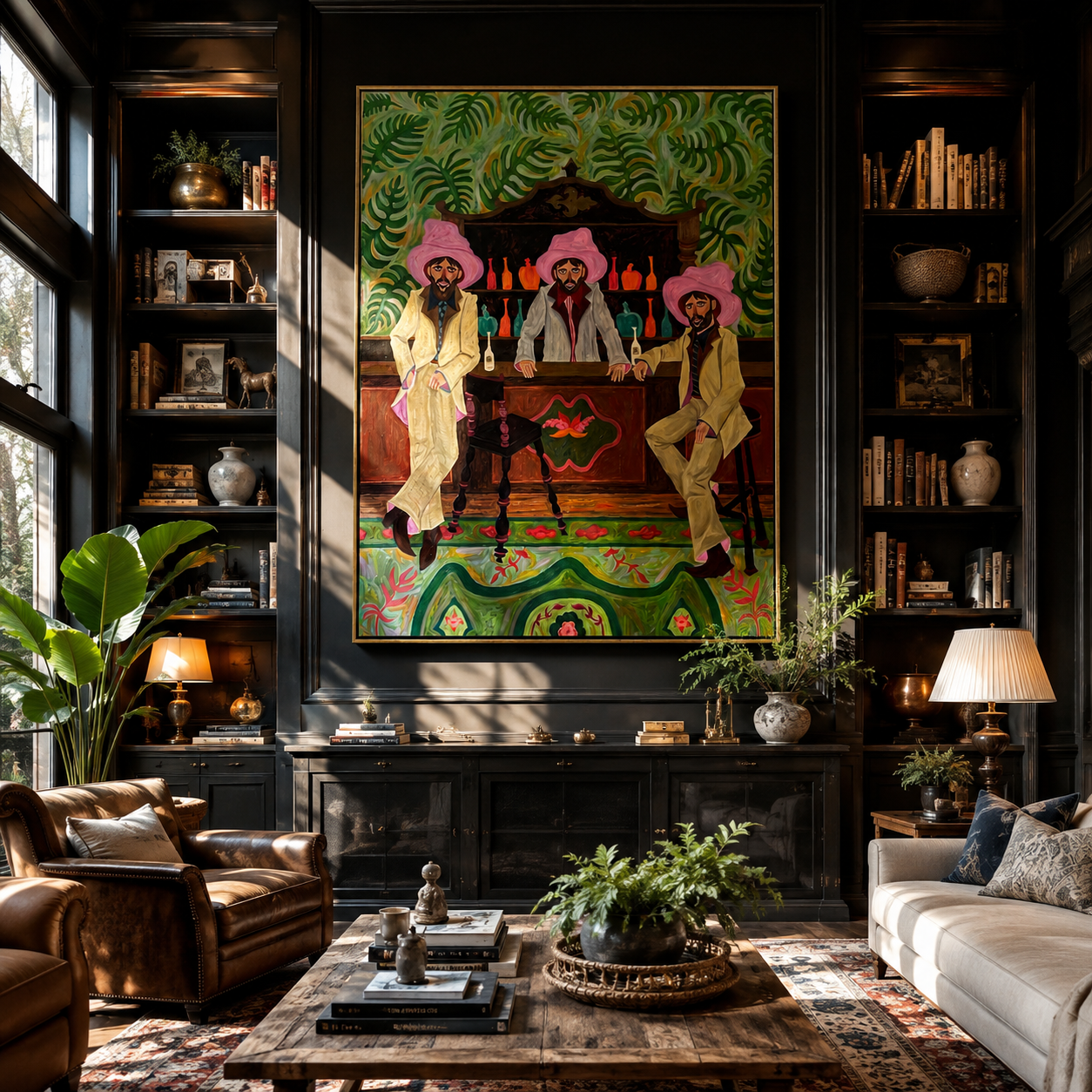 Pink Hats Keep Bar styled with wood, linen, and modern decor