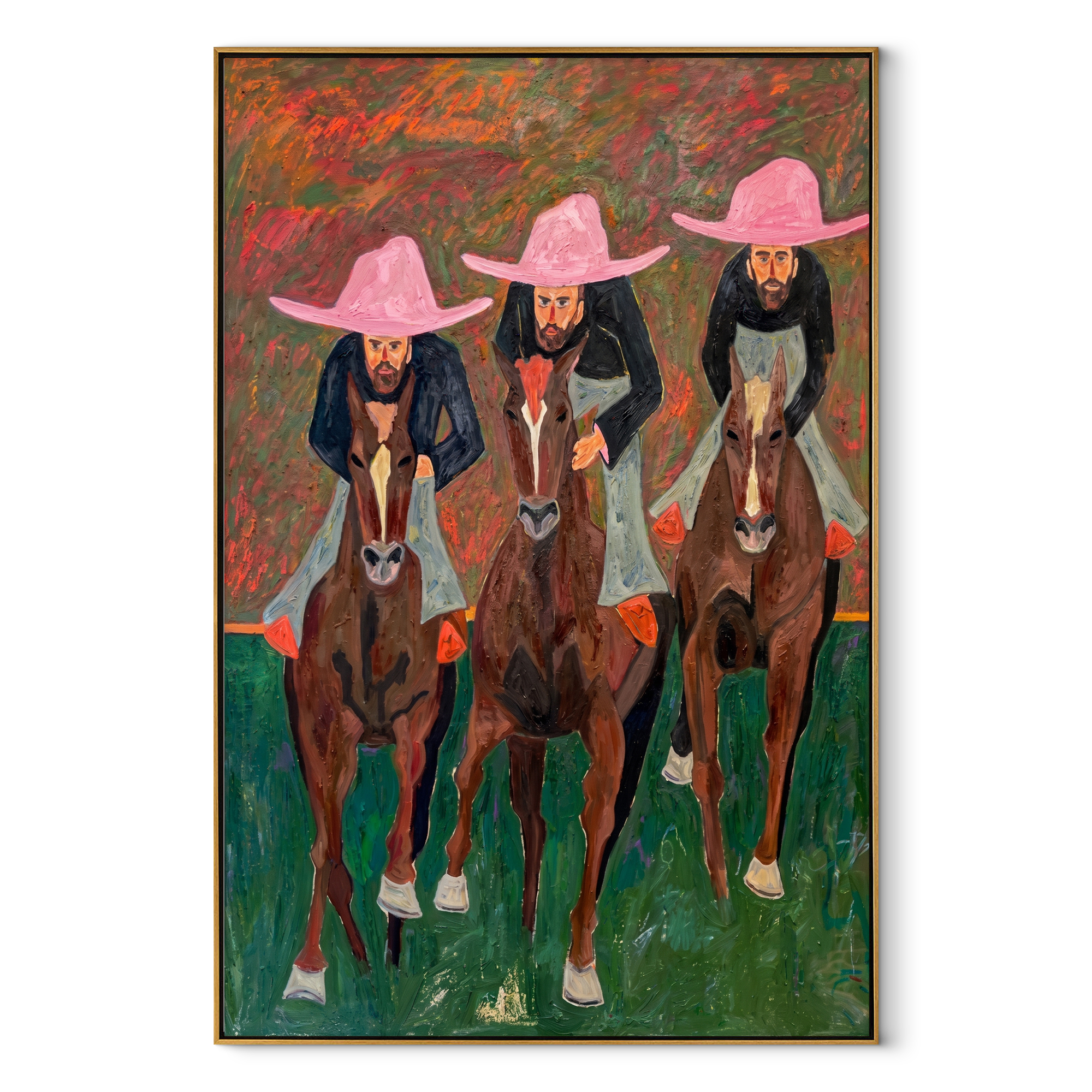 Three Riders Charge Green Western figurative painting, vertical canvas artwork
