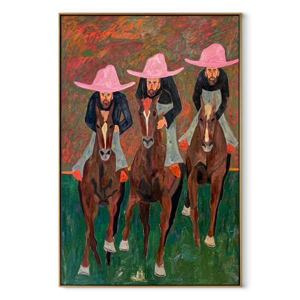 Three Riders Charge Green – Three Horse Riders Painting | Modern Folk Art Vertical Wall Art