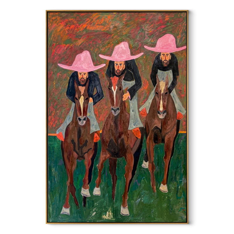 Three Riders Charge Green – Three Horse Riders Painting | Modern Folk Art Vertical Wall Art