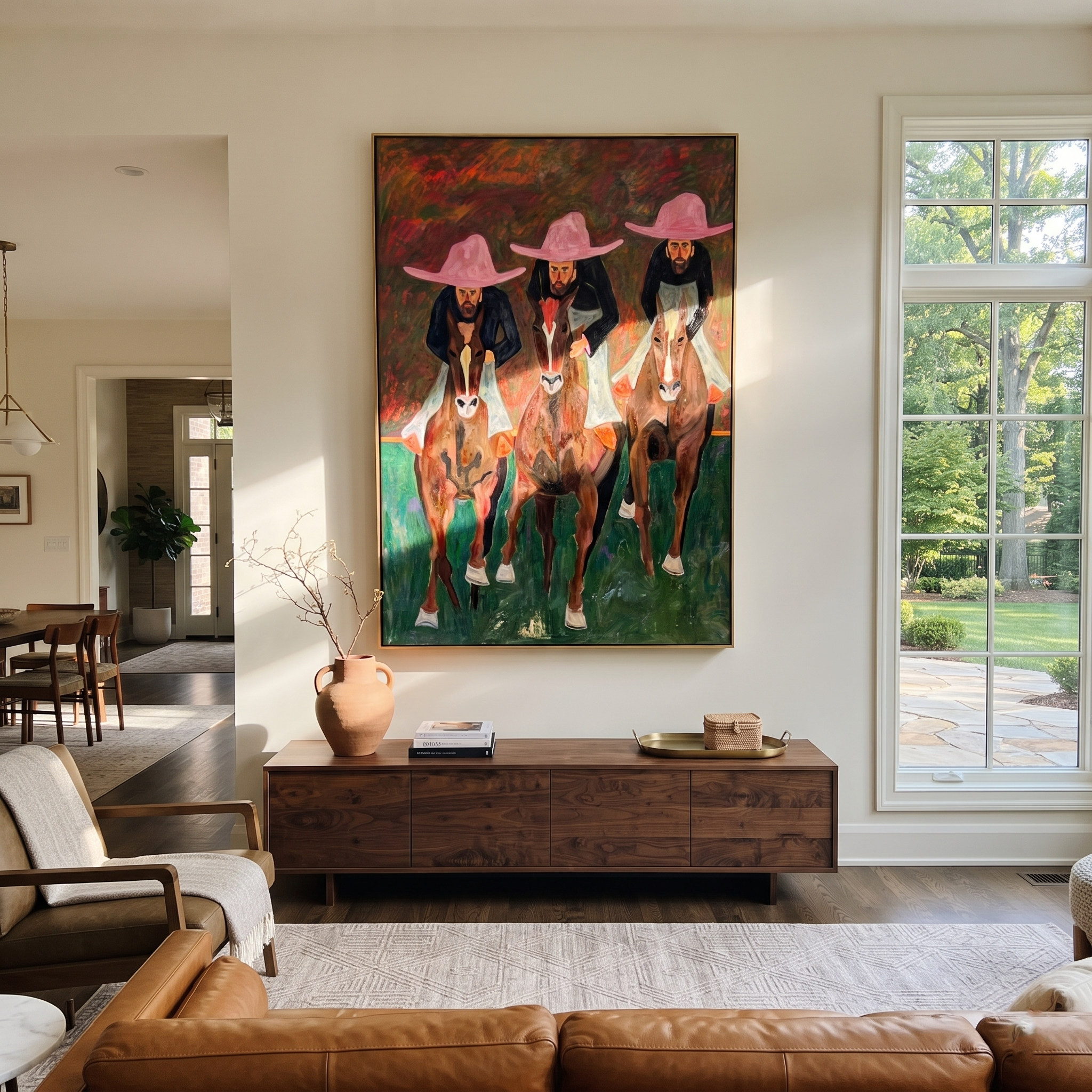 Three Riders Charge Green presented as a colorful interior focal point