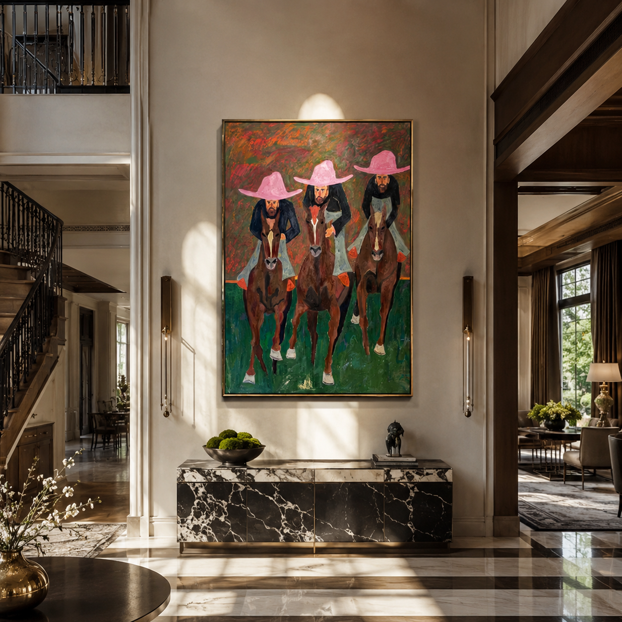 Three Riders Charge Green displayed in a layered residential setting