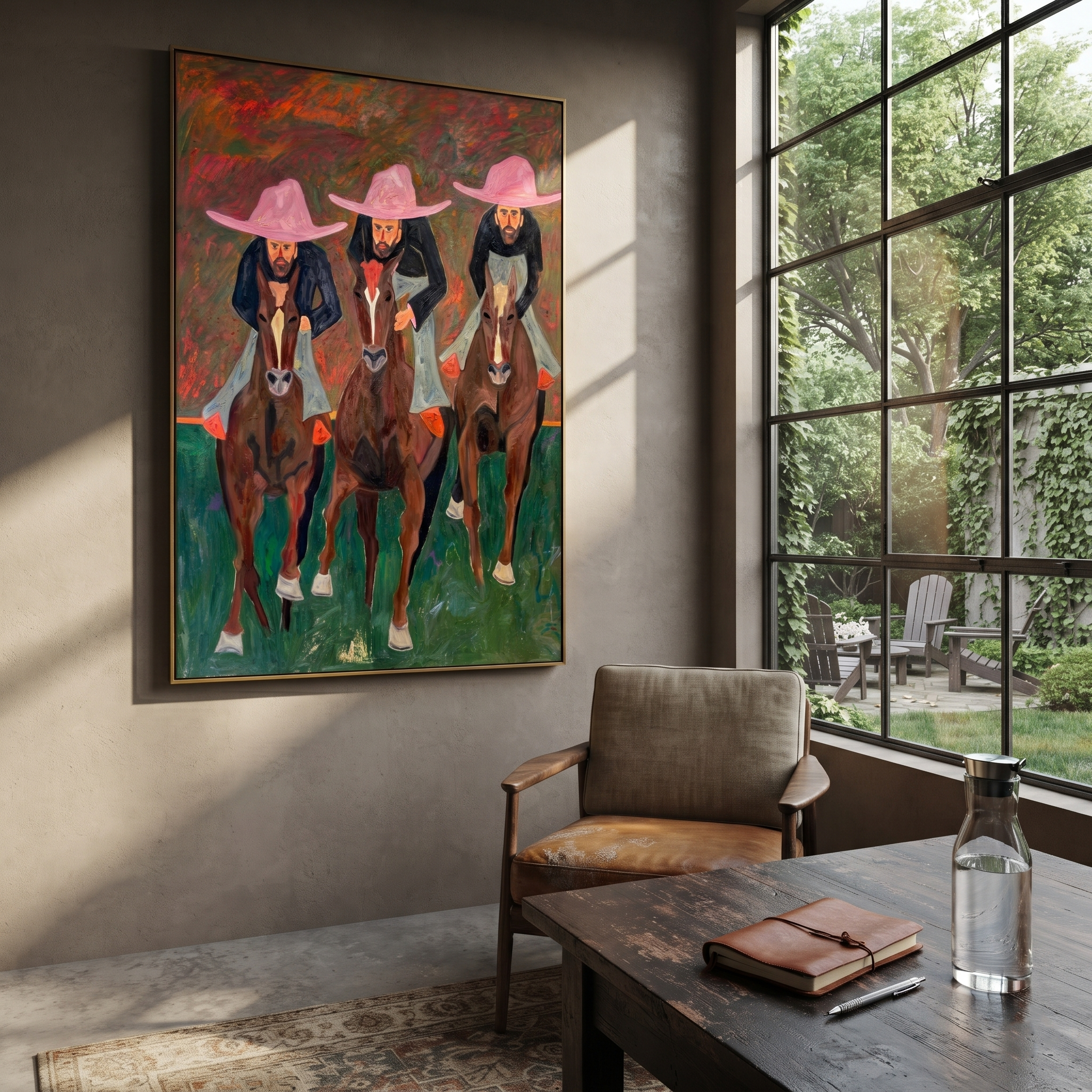 Three Riders Charge Green styled with wood, linen, and modern decor