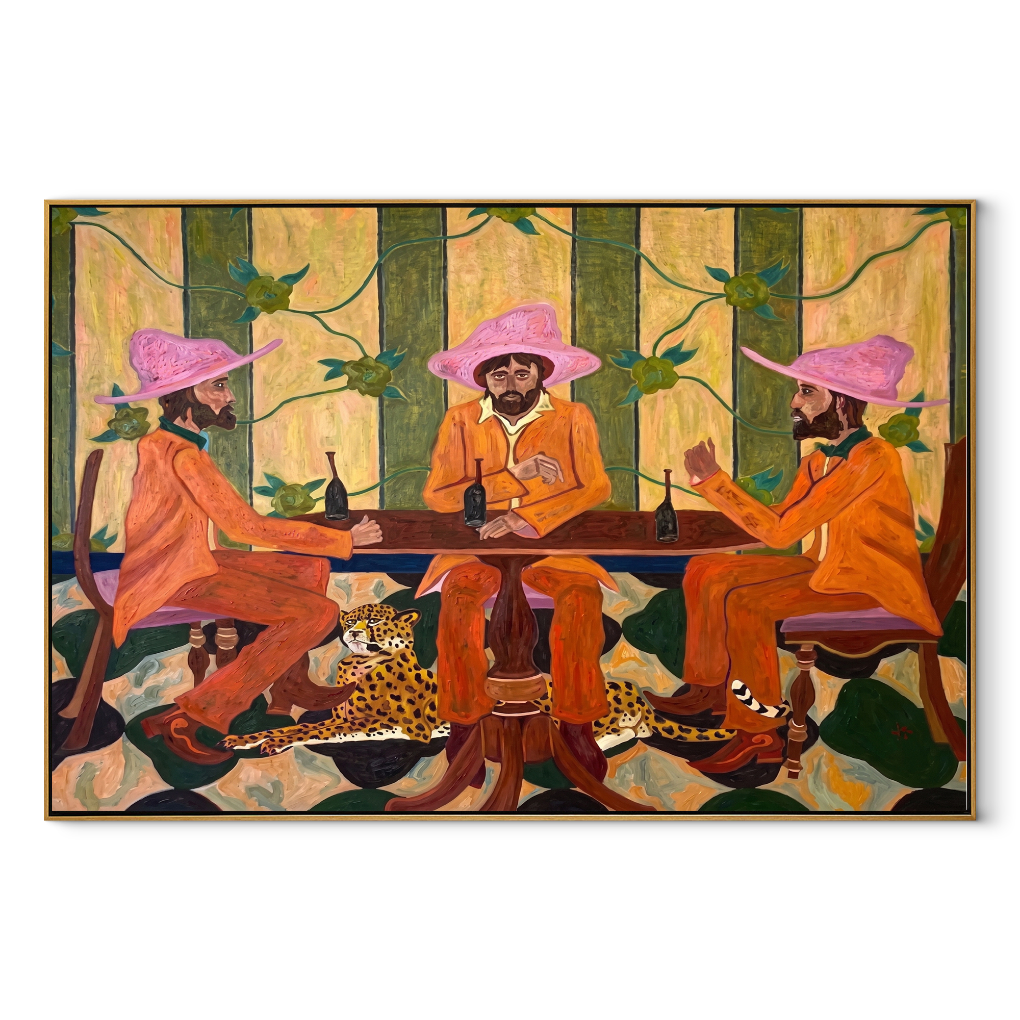 Pink Hats Circle Cheetah Western figurative painting, horizontal canvas artwork