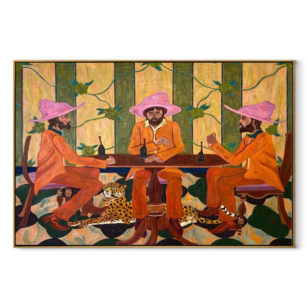 Pink Hats Circle Cheetah – Three Cowboys and Cheetah Painting | Modern Folk Art Horizontal Wall Art