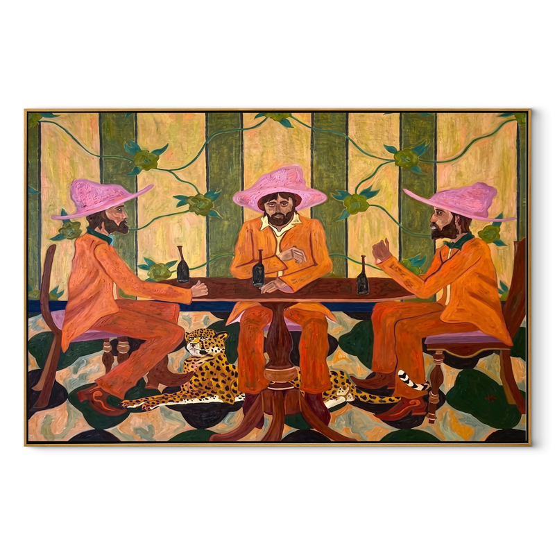 Pink Hats Circle Cheetah – Three Cowboys and Cheetah Painting | Modern Folk Art Horizontal Wall Art