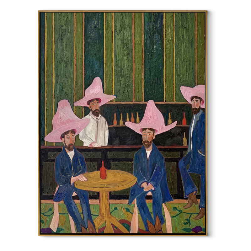 Blue Suits Wait Tables – Five Cowboys Saloon Painting | Modern Folk Art Vertical Wall Art